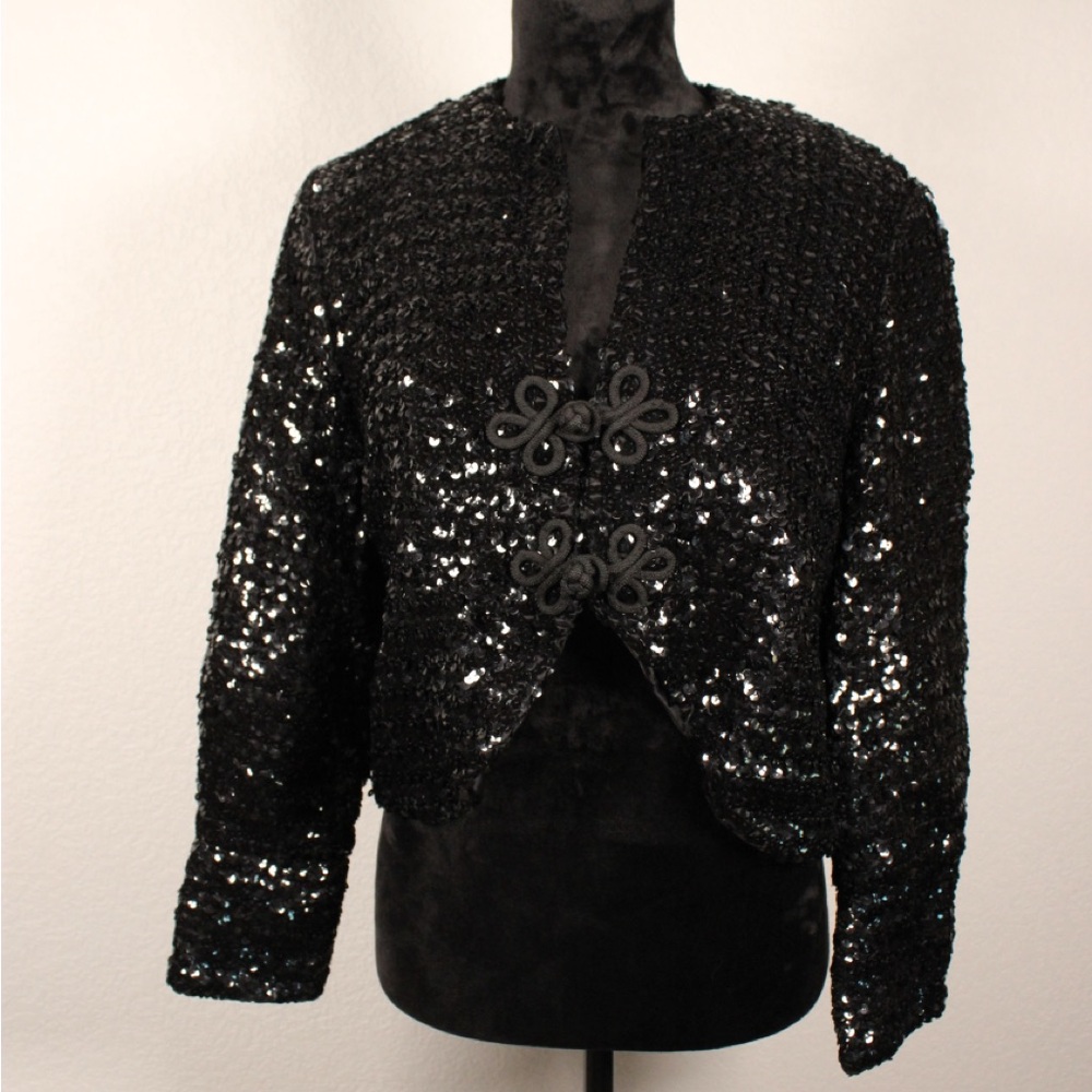 Vintage Union Made ILGWU Black Sequin Cropped Bolero Jacket w/ Frog Closure - Picture 2 of 16